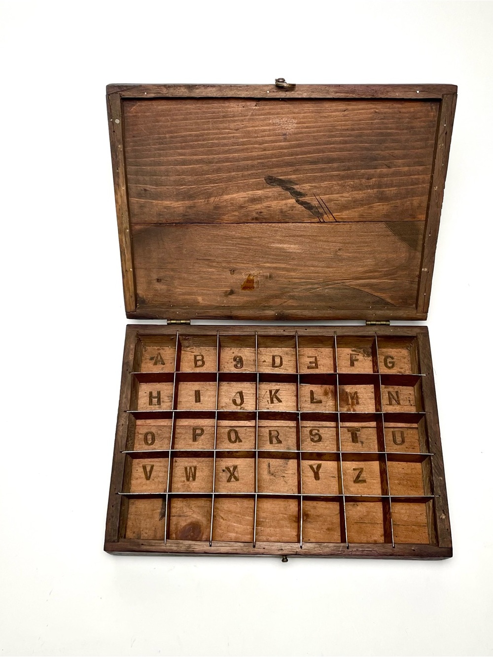 Vintage Wooden Alphabetized Letter Type Box, Rubber Stamp Organizer Case 10" x 8